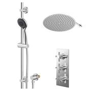 Cross Polished Concealed Triple Thermostatic Shower Valve and Thin Round Fixed Head | Chrome | Stainless Steel | 400mm
