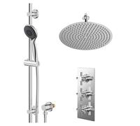 Cross Polished Concealed Triple Thermostatic Shower Valve and Thin Round Fixed Head | Chrome | Stainless Steel | 400mm