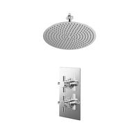 Cross Polished Concealed Twin Thermostatic Shower Valve and Thin Round Fixed Head with 150mm Ceiling Arm | Chrome | Stainless Steel | 400mm