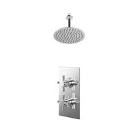 Cross Polished Concealed Twin Thermostatic Shower Valve and Thin Round Fixed Head with 150mm Ceiling Arm | Chrome | Stainless Steel | 200mm