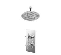 Cross Polished Concealed Twin Thermostatic Shower Valve and Thin Round Fixed Head with 150mm Ceiling Arm | Chrome | Stainless Steel | 300mm