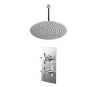 Cross Polished Concealed Twin Thermostatic Shower Valve and Thin Round Fixed Head with 300mm Ceiling Arm | Chrome | Stainless Steel | 400mm