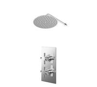 Cross Polished Concealed Twin Thermostatic Shower Valve and Thin Round Fixed Head with Wall Arm | Chrome | Stainless Steel | 300mm