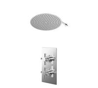 Cross Polished Concealed Twin Thermostatic Shower Valve and Thin Round Fixed Head with Wall Arm | Chrome | Stainless Steel | 400mm