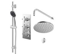 Cross Polished Triple Thermostatic Valve Mixer Shower with Round Fixed Head and Clyde Shower Slide Rail Kit | Chrome | Stainless Steel | 120mm x 700mm x 345mm
