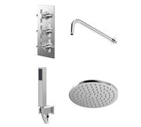 Cross Polished Triple Thermostatic Valve Mixer Shower with Round Fixed Head and Square Handset Outlet Holder | Chrome | Stainless Steel | 120mm x 280mm x 345mm