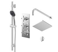 Cross Polished Triple Thermostatic Valve Mixer Shower with Square Fixed Head and Clyde Shower Slide Rail Kit | Chrome | Stainless Steel | 120mm x 700mm x 345mm