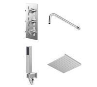 Cross Polished Triple Thermostatic Valve Mixer Shower with Square Fixed Head and Square Handset Outlet Holder | Chrome | Stainless Steel | 120mm x 280mm x 345mm