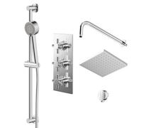 Cross Polished Triple Thermostatic Valve Mixer Shower with Square Fixed Head and Tyne Shower Slide Rail Kit | Chrome | Stainless Steel | 120mm x 700mm x 345mm