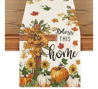 Cross Pumpkins Fall Table Runner, Bless This Home Seasonal Autumn Kitchen Dining Table Decoration for Home Party Decor 13x72 Inch