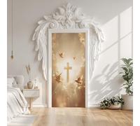 Cross Religion Dove White Door Stickers, Sunshine Clouds Sky Door Mural Decals Waterproof PVC Self-Adhesive Sticker Peel and Stick for Bedroom Living Room 77x200 cm