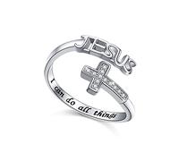 Cross Ring 925 Sterling Silver Engraved I Can Do All Things Jesus Cross Adjustable Ring Religious Easter Gift for Women Girls Christian(N-1/2)