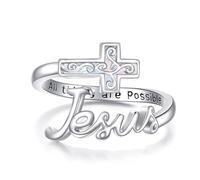 Cross Rings Sterling Silver Cross Jesus Opal Ring Adjustable Christian Religious Jewellery Gifts for Women