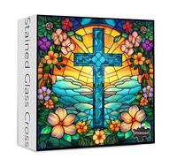 Cross Stained Glass Puzzles for Adults 1000 Pieces and up, PICKFORU Christian Puzzles with Colorful Flower, Religious Puzzle as Home Decor