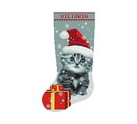 Cross Stitch Christmas Stocking Patterns for Adults, Personalized Easy Counted Simple Grey Embroidery Patterns for Beginners, Cute Cat Xmas Design DIY, Digital Download
