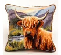Cross Stitch Cushion Kit, Brown Highland Cow Cattle 17.7X17.7In(45X45Cm) Cushion Back Included, Pre Printed Canvas, Stamped Cross Stitch Pillowcase Yarn and Needle Included Embroidery Needl