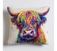 Cross Stitch Embroidery Kits Cushion Embroidery Set Beginners Pre-Printed Rainbow Color Highland Cow 17.7X17.7In(45X45Cm) DIY Cross Stitch Cushion Creative Set for Adults Craft Kit Craftsman