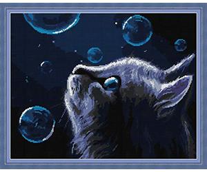 Cross Stitch Embroidery Kits for Adults Kids, WOWDECOR Fat Cat Animals Bubble Night Landscape 11CT Stamped DIY DMC Needlework Easy Beginners
