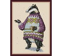 Cross Stitch Embroidery Kits for Adults Kids, WOWDECOR Fat Sweater Badger Animals 11CT Stamped DIY DMC Needlework Easy Beginners