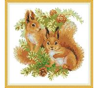 Cross Stitch Embroidery Kits for Adults Kids, WOWDECOR Lovely Two Squirrels Animals 11CT Stamped DIY DMC Needlework Easy Beginners