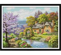 Cross Stitch Embroidery Kits for Adults Kids, WOWDECOR River Landscape Cabin Trees 11CT Stamped DIY DMC Needlework Easy Beginners