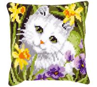 Vervaco Cross Stitch Kit - Cushion "White Cat in Daffodils" - Cotton - 40 x 40 cm