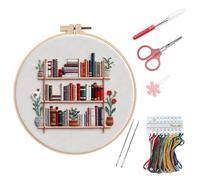 Cross Stitch Kit for Adults, 20cm/8in Embroidery Hoop Kit with Bookcase Design, Needlework Starter Kit with Threads, Needles, Needle Threader, Seam Ripper & Small Scissors for Relaxation