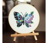 Cross Stitch Kit for Beginners, Butterfly Embroidery Set with Hoop, Thread, Needle and Tutorial, 30x30cm Cotton Canvas Craft Kit for DIY Needlework(B)