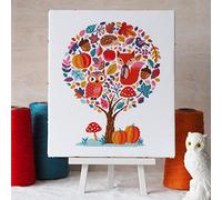 Cross Stitch Kit - Hello Pumpkin Modern Tree Design with Owl, Fox and Hedgehog -Includes DMC Threads and Zweigart Fabric