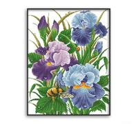 Cross stitch kit with iris flower embroidery pattern, includes cotton thread, needles, and illustration for completing a wall hanging project (B-Print)