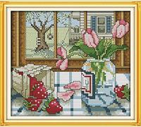 Cross Stitch Kits, Awesocrafts The Spring Outside The Window Flowers Bottle Easy Patterns Cross Stitching Embroidery Kit Supplies Christmas, Counted (Spring, Counted)