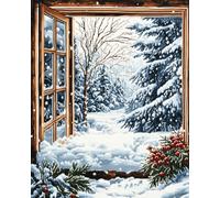 Cross Stitch Kits for Beginners, Snow Scene Outside The Window 11CT Cross Stitch Stamped Kits Embroidery Needlework Kit Supplies 40x50cm