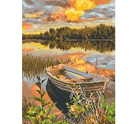 Cross Stitch Kits Stamped, OWN4B Lakeside Boat Printed Pattern 11CT 14.2x18.1 inch DIY Embroidery Kit (Boat)