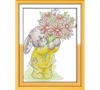 Cross Stitch Kits Stamped, OWN4B Rabbit Present a Bouquet Printed Pattern 11CT 9.4x13.4 inch DIY Embroidery Kit (Gift)