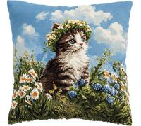 Cross Stitch Pillow Kit Cat Standing Next to Flowers 17.7X17.7In(45X45Cm) Printed Cushion Needlepoint Craft Set Cushion Kit Pre Printed Handmade Pillow Cover Kit Stitched Decorative for Adul