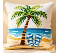 Cross Stitch Pillow Kit,Coconut Trees and flip Flops on The Beach,DIY Needlework Kit Embroidery Pillow Canvas Cushion,Birthday Gift,45x45cm