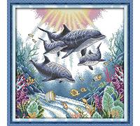 Cross Stitch Stamped Kits Pre-Printed Cross-Stitching Starter Patterns for Beginner Kids or Adults, Embroidery Needlepoint Kits (Dolphin 17.7×17.7 inch)