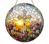 Cross Sun Catcher, Flower Cross Ornament, Stained Glass Style Acrylic Suncatcher for Windows, Christian Gift for Birthday & Housewarming, Hanging Decor for Home, Garden and Balcony