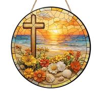 Cross Sun Catchers for Windows, Sea Stained Glass Effect Suncatcher with Chain, Flat Handmade Hanging Ornament, Vibrant Acrylic Sun Catcher, Flower Home Decor for Window, Garden & Patio