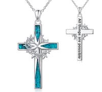 Cross Turquoise Necklace 925 Sterling Silver Cross Crown of Thorn Pendant Necklace Engraved All Things are Possible Religious Christian Jewelry Gifts for Women Men (Silver)