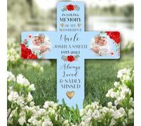 Cross Uncle Red Roses Photo Blue Remembrance Garden Plaque Grave Memorial Stake |Personalised In Loving Memory Remembrance Memorial Plaque Grave Decoration Marker Garden Ground Stake