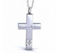Cross Urn Necklace Cremation Jewellery for Ashes Birthstone Keepsake Pendant Necklace for Women Men with Funnel Filler Kit Memorial Gifts for Human Pet Forever in my heart (Silver-white)