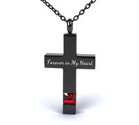 Cross Urn Necklace Cremation Jewellery for Ashes Birthstone Keepsake Pendant Necklace for Women Men with Funnel Filler Kit Memorial Gifts for Human Pet Forever in my heart (Black-red)