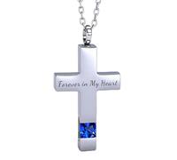 Cross Urn Necklace Cremation Jewellery for Ashes Birthstone Keepsake Pendant Necklace for Women Men with Funnel Filler Kit Memorial Gifts for Human Pet Forever in my heart (Silver-blue)