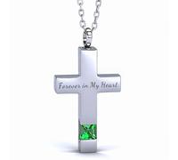 Cross Urn Necklace Cremation Jewellery for Ashes Birthstone Keepsake Pendant Necklace for Women Men with Funnel Filler Kit Memorial Gifts for Human Pet Forever in my heart (Silver-green)