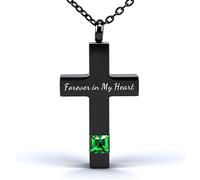 Cross Urn Necklace Cremation Jewellery for Ashes Birthstone Keepsake Pendant Necklace for Women Men with Funnel Filler Kit Memorial Gifts for Human Pet Forever in my heart (Black-green)