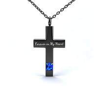 Cross Urn Necklace Cremation Jewellery for Ashes Birthstone Keepsake Pendant Necklace for Women Men with Funnel Filler Kit Memorial Gifts for Human Pet Forever in my heart (Black-blue)