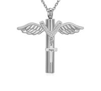 Cross Urn Necklace for Human Ashes Angel Wings Cremation Pendant Necklaces Memorial Keepsake Jewelry for Papa Mom Dad Grandma Grandpa Brother Uncle Aunt, crystal, no gemstone