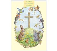 Cross with rabbit, mouse and Squirrel, Audrey Tarrant Easter Cards, A6 Size, Pack of 5, White Envelopes, 149mm x 105mm, Easter Greeting