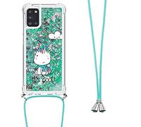 Crossbody Case for Google Pixel 8 Case with Adjustable Lanyard Cord Detachable Rope, Liquid Glitter Sparkle Floating Bling Quicksand Lanyard Silicone Flowing Slim Phone Case Cover Green Unicorn